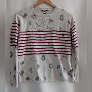 Oui Cotton Grey Cat Faces Red Stripes Reverse Print Knit Pullover Sweater - US 4